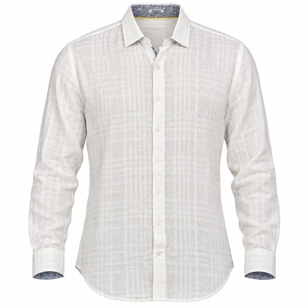 Mens XL Bugatchi Uomo White Linen Long Sleeve Shaped Fit Button Up Shirt Casual